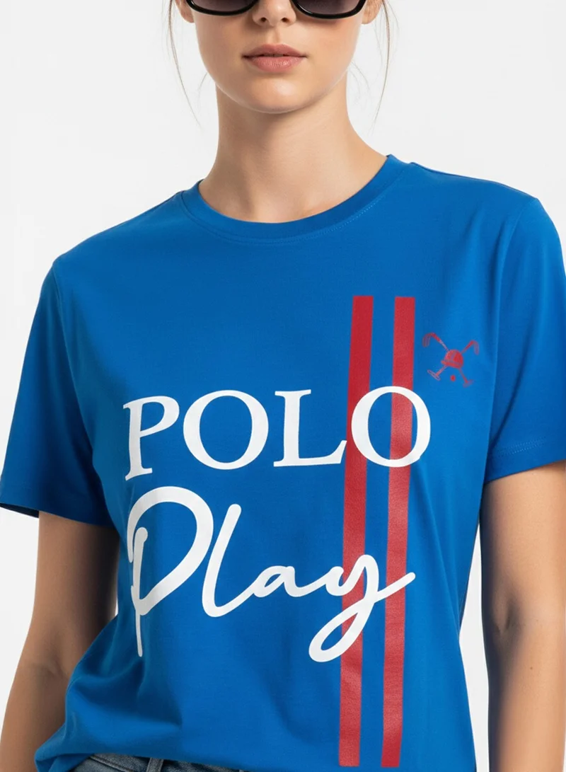 لعب البولو تيشيرت نسائي برسومات - أزرق ملكي